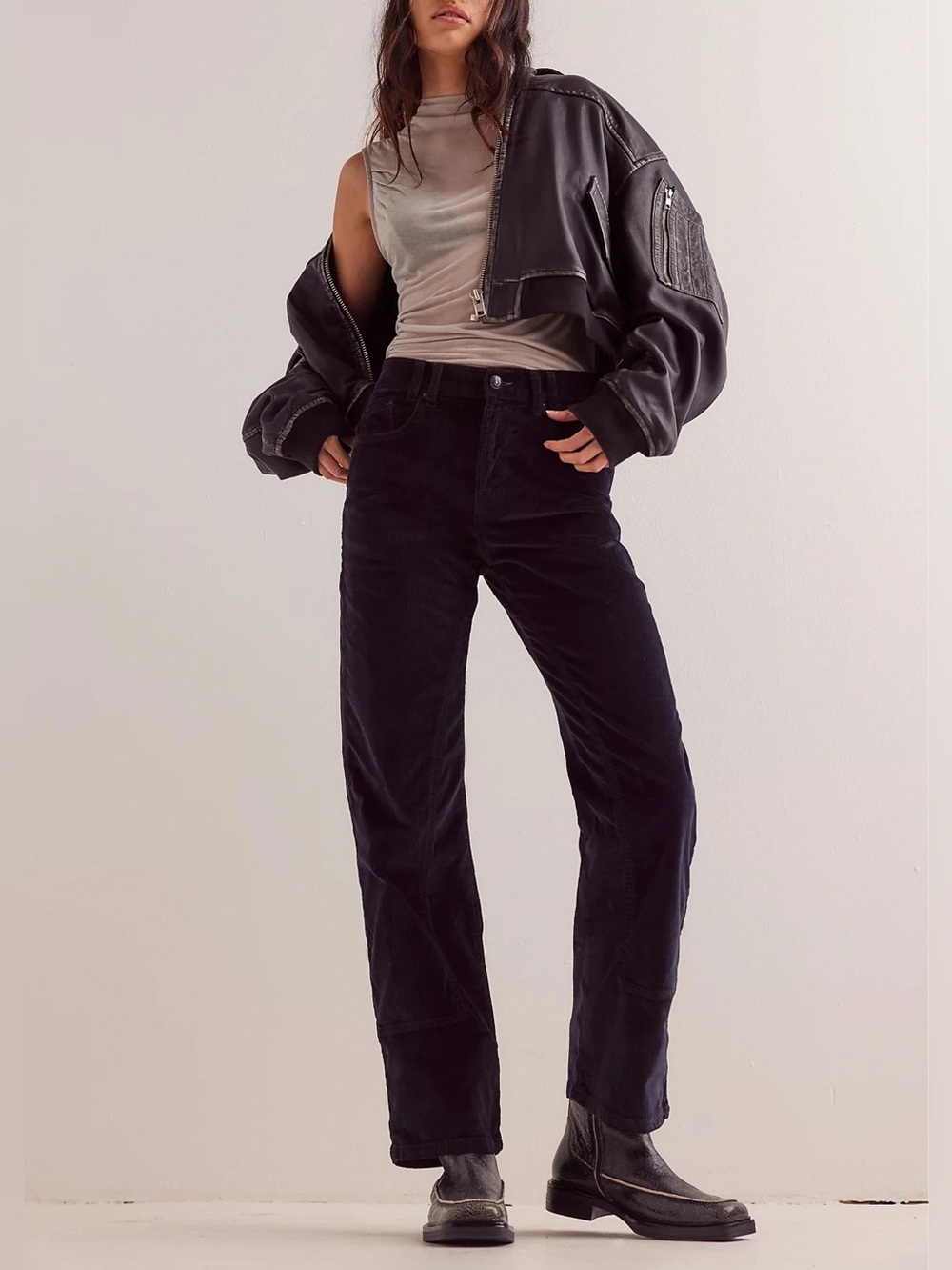 Free People Risk Taker High Rise Straight Corduroy Pants in Black